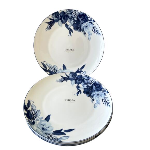 Mikasa DARCY Blue & White Floral Bone China 11in Dinner Plates Set of Four New - Picture 1 of 10
